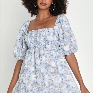 Lush Romance Blue Floral Puff Sleeve Tie-back Mini Dress